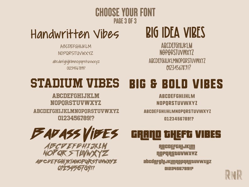 May include: A page from a font book showing different font styles. The fonts are labeled "Handwritten Vibes", "Big Idea Vibes", "Stadium Vibes", "Big & Bold Vibes", "Badass Vibes", and "Grand Theft Vibes". Each font style shows the alphabet in uppercase and lowercase, as well as numbers and punctuation.
