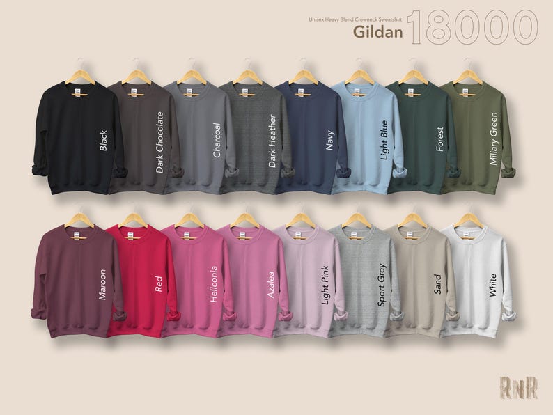 May include: A selection of Gildan 18000 crewneck sweatshirts in a range of colours, such as black, dark chocolate, charcoal, dark heather, navy, light blue, forest, and military green. Other colours include maroon, red, and white.
