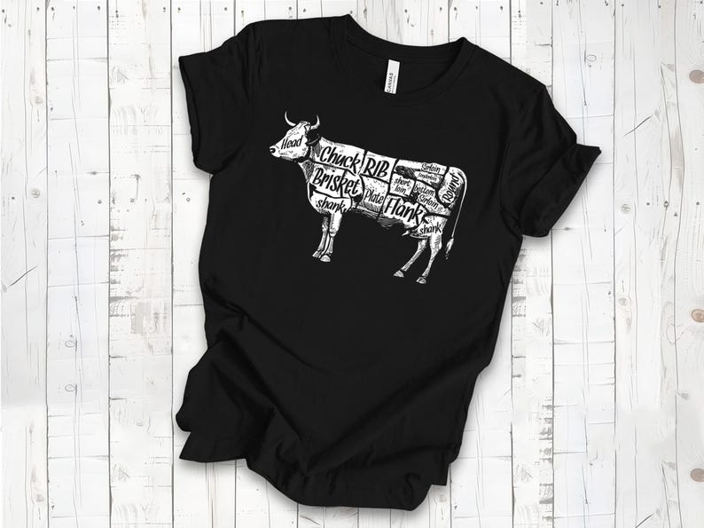 May include: Black t-shirt with a white graphic of a cow divided into different cuts of meat, labeled with names like "Chuck", "Brisket", and "Rib".