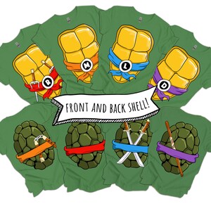 May include: A collection of olive green t-shirts featuring graphic prints of turtle shells. The top row shows yellow front shells with coloured masks and letters, while the bottom row shows dark green back shells with weapons. Text reads FRONT AND BACK SHELL!