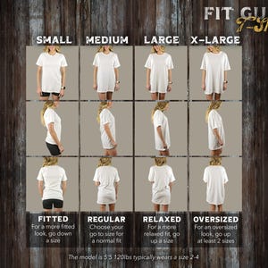 May include: A size chart for t-shirts showing different fits on a model. The chart shows the fit of a t-shirt in sizes small, medium, large, and x-large. The chart also shows the different fits of the t-shirt: fitted, regular, relaxed, and oversized. The model is 5'5" and 120 lbs and typically wears a size 2-4.
