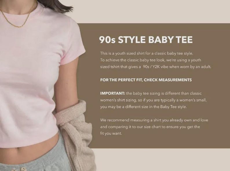 May include: A light pink baby tee with the text "90s STYLE BABY TEE". The shirt is a youth size for a classic baby tee style. The text on the image also recommends checking measurements for the perfect fit.
