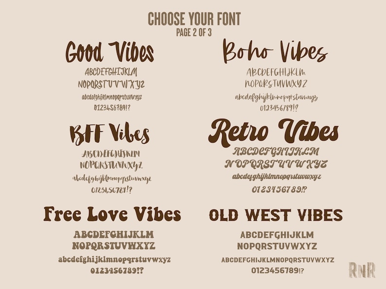 May include: A page from a font book showing different font styles with the words "Good Vibes", "BFF Vibes", "Free Love Vibes", "Boho Vibes", "Retro Vibes", and "Old West Vibes" in each font style. The fonts are brown and the background is beige.