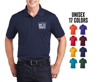 May include: Navy blue polo shirt with the text "custom DRY FIT SHIRTS" on the chest. The image shows a variety of polo shirt colors, including orange, purple, red, maroon, yellow, navy, teal, and green. The text "UNISEX 17 COLORS" is also visible.