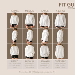 May include: A sweatshirt fit guide showing how the fit changes with different sizes. The guide shows the fit for small, medium, large, and X-large sizes. The model is 165cm and 54kg and typically wears a size 2-4.