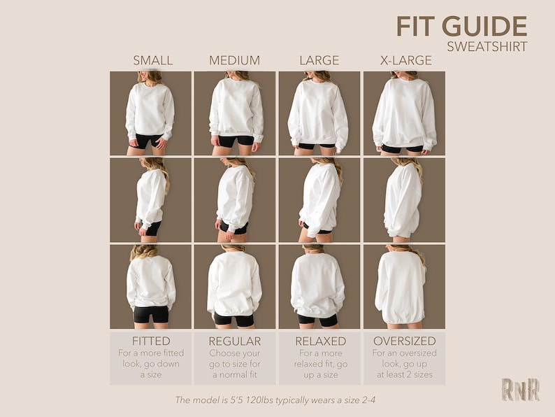 May include: A sweatshirt fit guide showing how the fit changes with different sizes. The guide shows the fit for small, medium, large, and X-large sizes. The model is 165cm and 54kg and typically wears a size 2-4.