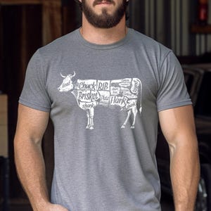 May include: A heather grey t-shirt with a white graphic of a cow cut into different cuts of meat. The cuts of meat are labeled with the names of the cuts, such as "Chuck", "Brisket", and "Rib".