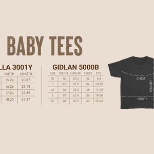 May include: Image features a black baby tee with size charts for Bella 3001Y and Gildan 5000B. The charts show measurements in inches for width and length, along with chest and fit sizes. The text "BABY TEES" is at the top.
