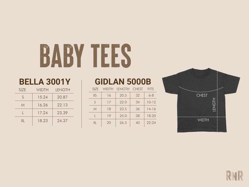 May include: Image features a black baby tee with size charts for Bella 3001Y and Gildan 5000B. The charts show measurements in inches for width and length, along with chest and fit sizes. The text "BABY TEES" is at the top.