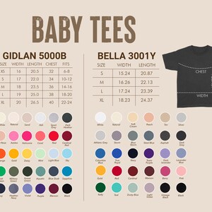 May include: Image showing size charts and color options for baby tees. The charts include measurements for width, length, chest, and fit, with options from XS to XL. A variety of colors are displayed, including white, pink, orange, green, and blue.