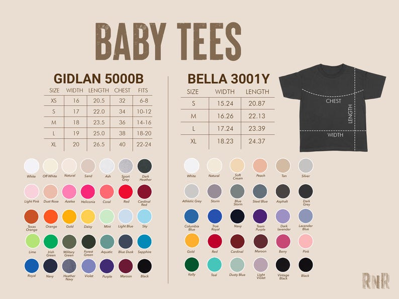 May include: Image showing size charts and color options for baby tees. The charts include measurements for width, length, chest, and fit, with options from XS to XL. A variety of colors are displayed, including white, pink, orange, green, and blue.