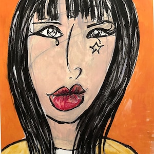 May include: A painting of a woman with black hair and a yellow shirt. She has a tear coming from her left eye and a star tattoo under her right eye. The background is orange. The painting is signed "F. Lacar".