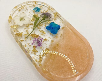 Blue Purple & Ivory dried flowers gold foil resin ring dish/ jewelry tray/ home décor/ wedding gift for her