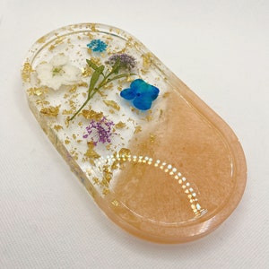 Blue Purple & Ivory dried flowers gold foil resin ring dish/ jewelry tray/ home décor/ wedding gift for her