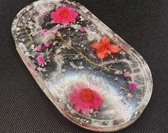 Red dried flowers silver foil marble resin ring dish/ jewelry tray/ home décor/ wedding gift for her
