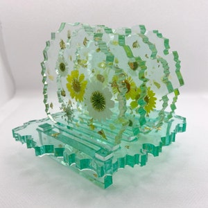 Spring Dried Flower Mint Gold Foil Resin Coasters with Stand Set