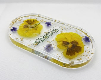 Yellow & purple dried flowers gold foil resin ring dish/ jewelry tray/ home décor/ wedding gift for her