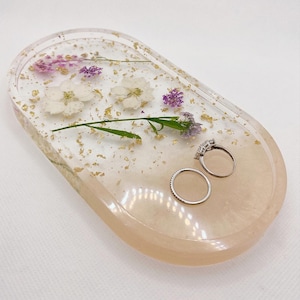 Cream dried purple flowers gold foil resin ring dish/ jewelry tray/ home décor/ wedding gift for her