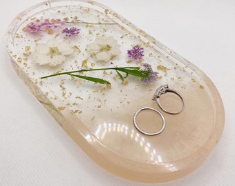 Cream dried purple flowers gold foil resin ring dish/ jewelry tray/ home décor/ wedding gift for her