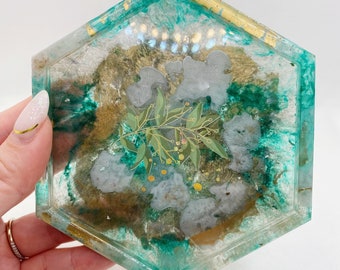 Hexagon green and gold marble resin ring dish/ jewelry tray/ home décor/ wedding gift for her