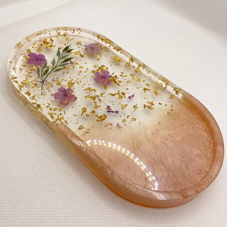 Cream dried flowers gold foil resin ring dish/ jewelry tray/ home décor/ wedding gift for her image 1