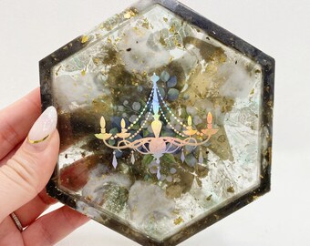 Hexagon silver marble chandelier resin ring dish/ jewelry tray/ home décor/ wedding gift for her