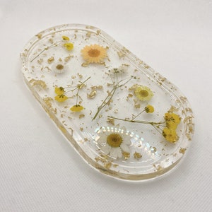 Yellow & Ivory dried flowers gold foil resin ring dish/ jewelry tray/ home décor/ wedding gift for her