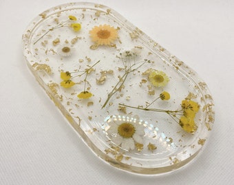 Yellow & Ivory dried flowers gold foil resin ring dish/ jewelry tray/ home décor/ wedding gift for her