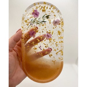 Cream dried flowers gold foil resin ring dish/ jewelry tray/ home décor/ wedding gift for her image 4