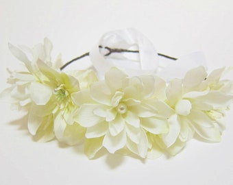 flower headband, white floral headpiece, wedding flower head piece, white flower crown, floral hair circlet, wedding head wreath