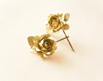 Gold flower hair pins, gold rose hair clips, wedding hair accessories, small hair flowers - set of 2