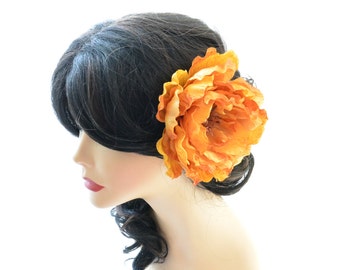 Fall Hair flower, flower hair clip, mustard orange flower fascinator, brown hair flower, large flower hair clip