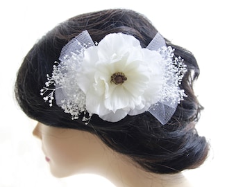 Hair bow, Flower bridal hair comb, Wedding white comb, Dried baby's breath comb, Mini veil for bride, Boho bridal hair