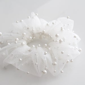 Scrunchie, Tulle With Pearls, Bridal Hair Holder, Wedding Hair Accessory, Elegant hairpiece XL Hair Tie, Tulle scrunchie image 3