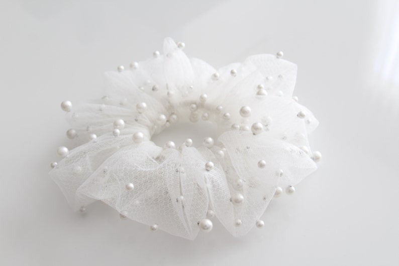 Scrunchie, Tulle With Pearls, Bridal Hair Holder, Wedding Hair Accessory, Elegant hairpiece XL Hair Tie, Tulle scrunchie image 3