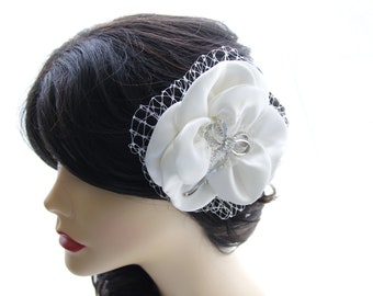 Bridal hair flower, ivory flower fascinator, wedding head piece, satin flower hair accessory