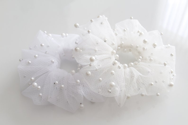 Scrunchie, Tulle With Pearls, Bridal Hair Holder, Wedding Hair Accessory, Elegant hairpiece XL Hair Tie, Tulle scrunchie image 5