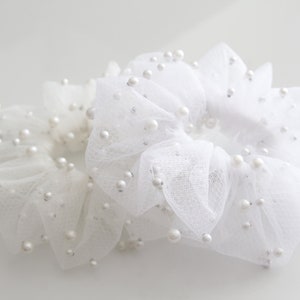 Scrunchie, Tulle With Pearls, Bridal Hair Holder, Wedding Hair Accessory, Elegant hairpiece XL Hair Tie, Tulle scrunchie image 2