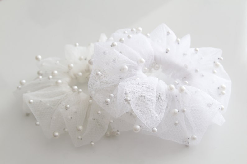 Scrunchie, Tulle With Pearls, Bridal Hair Holder, Wedding Hair Accessory, Elegant hairpiece XL Hair Tie, Tulle scrunchie image 2