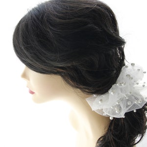 Scrunchie, Tulle With Pearls, Bridal Hair Holder, Wedding Hair Accessory, Elegant hairpiece XL Hair Tie, Tulle scrunchie