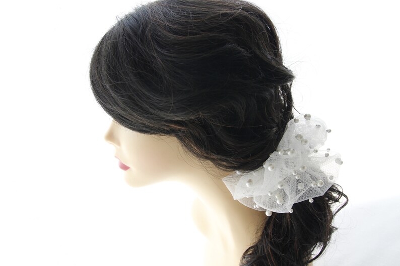 Scrunchie, Tulle With Pearls, Bridal Hair Holder, Wedding Hair Accessory, Elegant hairpiece XL Hair Tie, Tulle scrunchie image 1