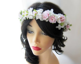 Pink Flower Headpiece, Boho Bridal Crown, Wedding Hair Accessories, Flower Hair Circlet, Flower Girl Hair Piece