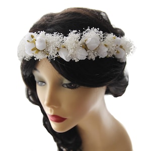 White Rose & Baby&#39;s Breath Flower Crown for Bride