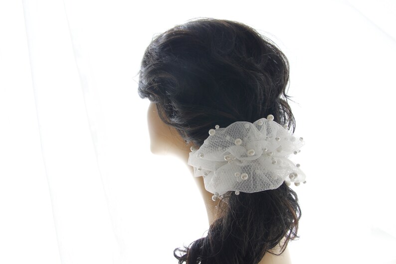 Scrunchie, Tulle With Pearls, Bridal Hair Holder, Wedding Hair Accessory, Elegant hairpiece XL Hair Tie, Tulle scrunchie image 6