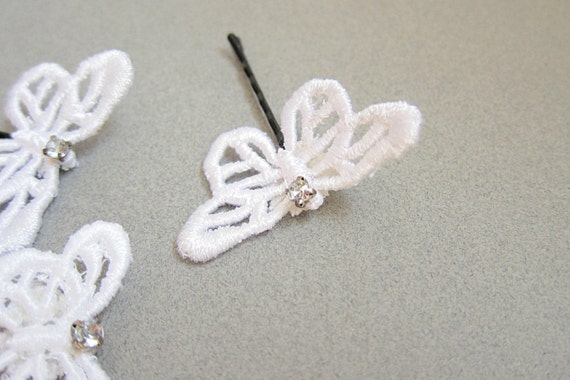 White Butterfly Hair Clips Set Of Three Lace Butterfly Bobby Etsy