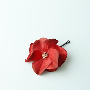 Red Flower Hair Clip: Holiday Hair Accessory with Gold Beads