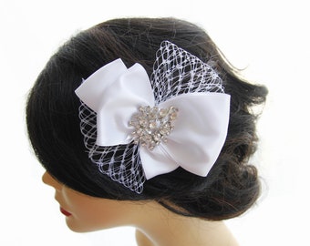 Hair bow, Bridal bow, Wedding hair accessory, White bow, Ivory bow, Bow for bride, Rhinestone embellished bow