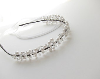 White faux pearl tiara headband, wedding head piece