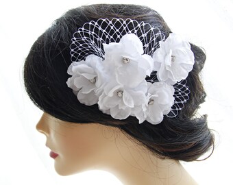 Bridal Hair Comb, White Flower Headpiece, Birdcage Veil, Bachelorette Party Accessory, Party Fun Hair Flowers, Modern Wedding Hair Piece