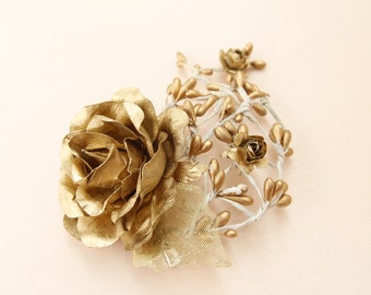 Gold flower hair clip, gold rose headpiece, gold wedding hair accessories